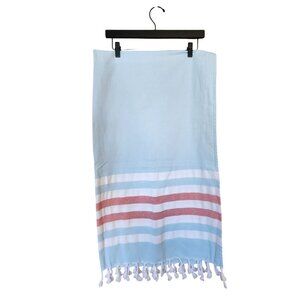 Light Blue Turkish Cotton Throw With Red & White Stripes By Rodan + Fields